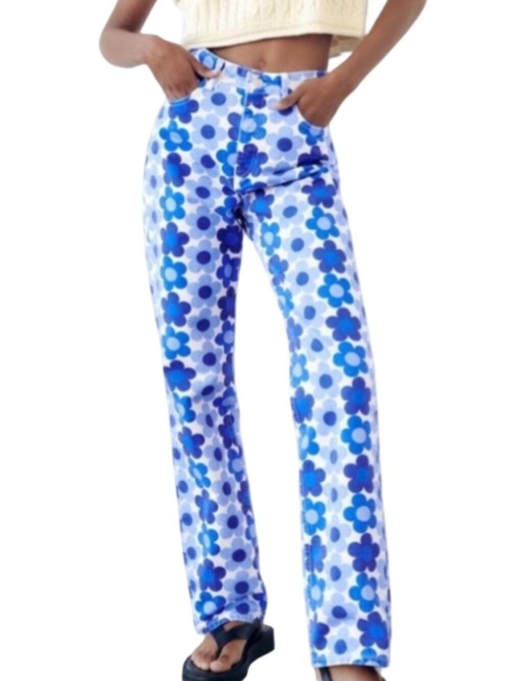 Zara Blue Floral Print Wide Leg Jeans Y2K Retro Cotton Denim 4 - Picture 1 of 8